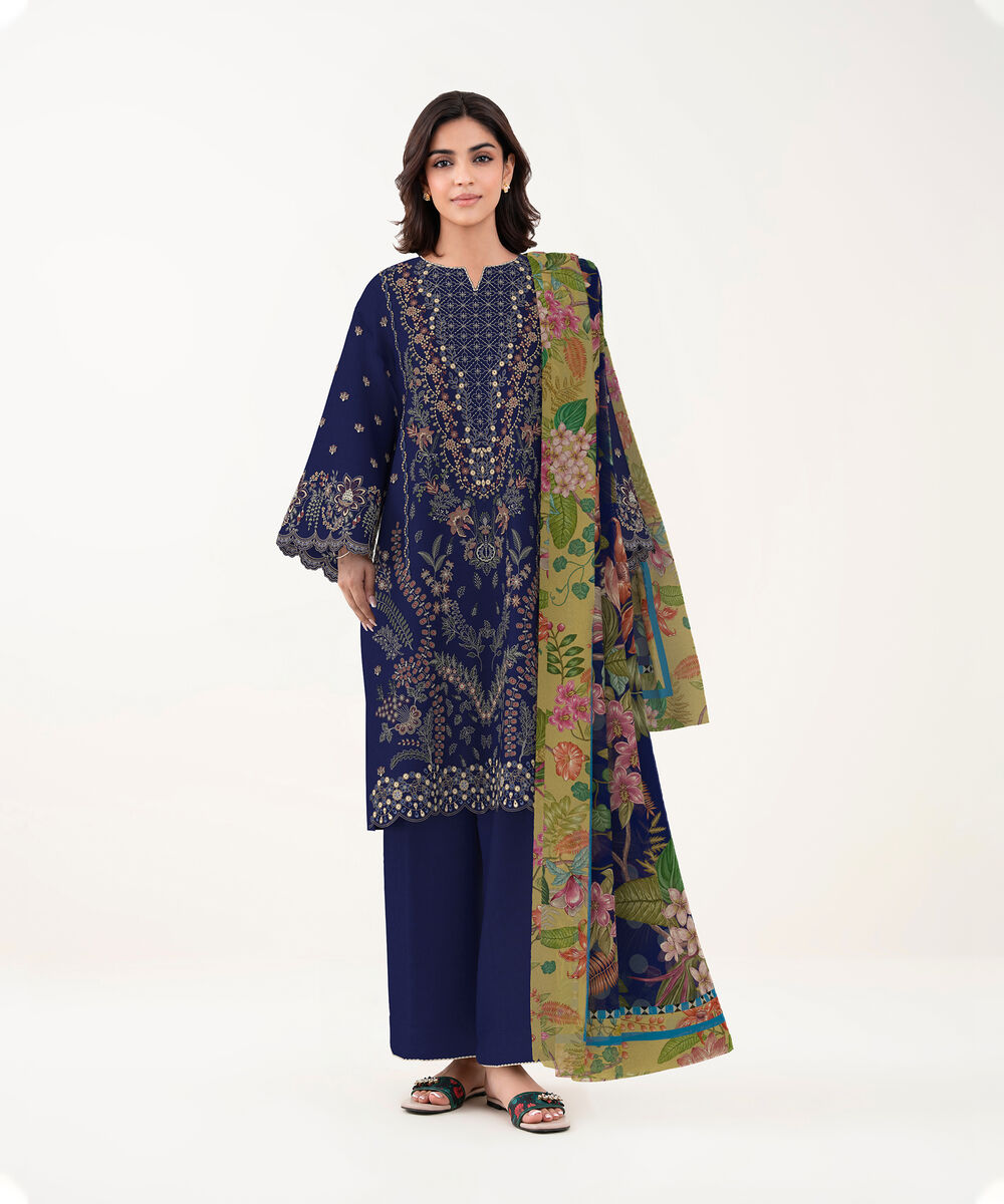 Women's Unstitched Self Jacquard Blue Embroidered 3 Piece Suit