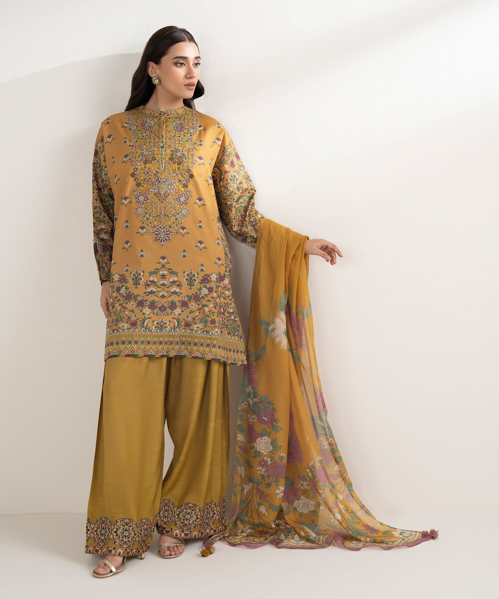Women's Unstitched Blended Grip Silk Printed Yellow 3 Piece Suit