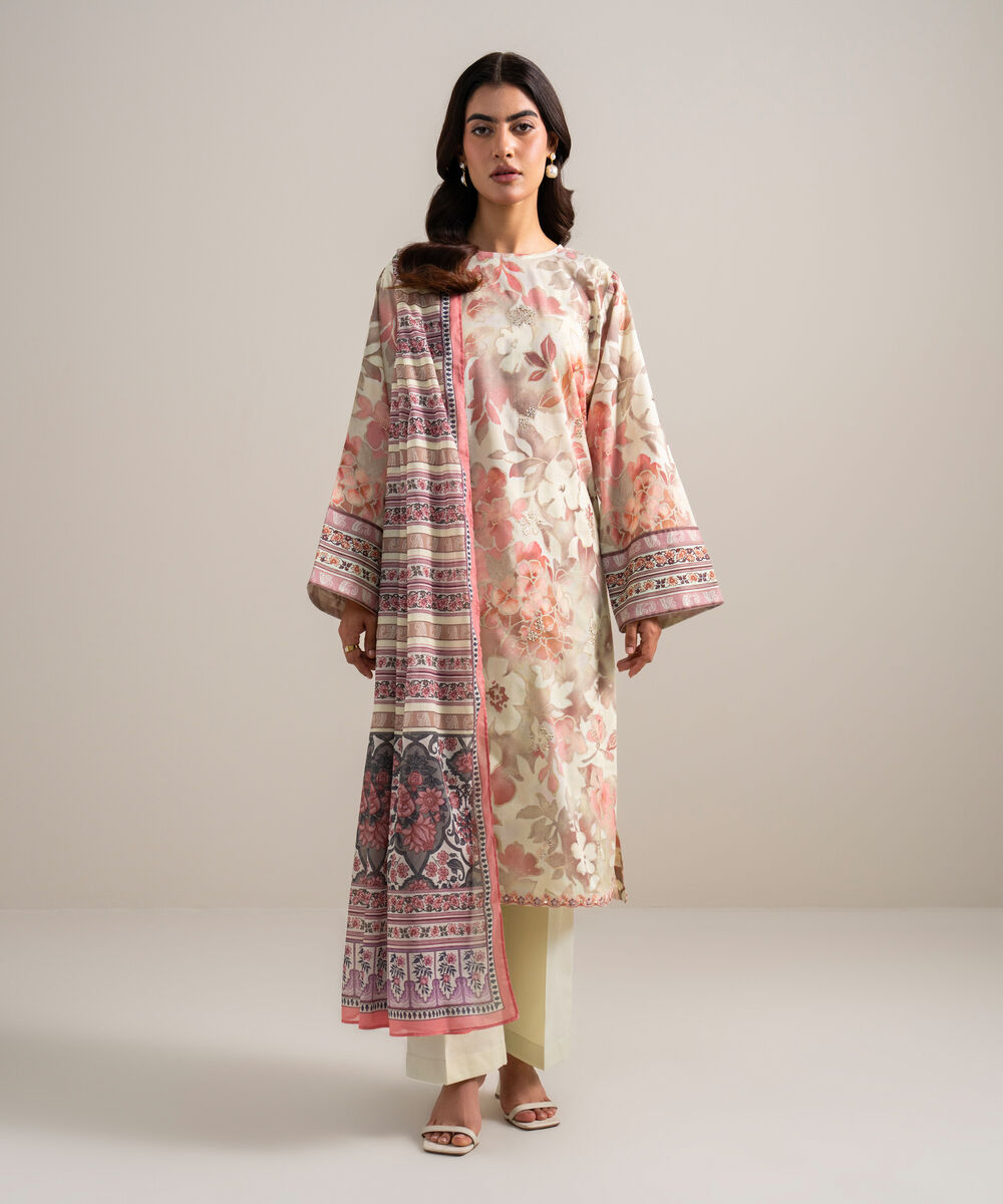 Women's Unstitched Lawn Embroidered Tea Pink and Off White 3 Piece Suit