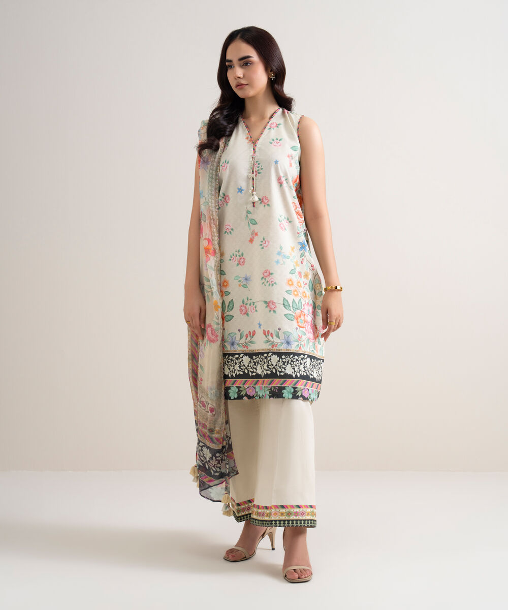 Women's Unstitched Lawn Printed Off White 3 Piece Suit