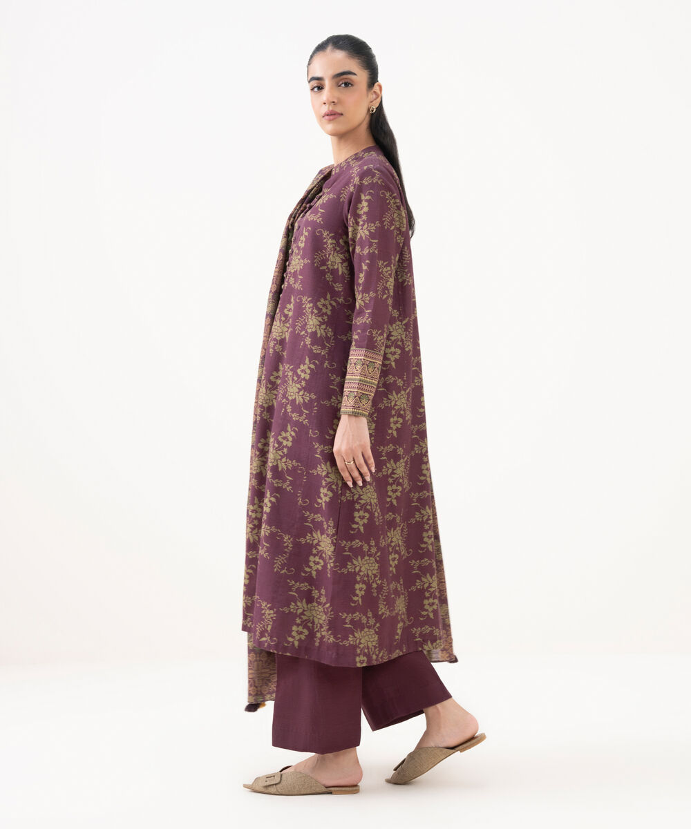 Women's Unstitched Light Khaddar Printed Red 3 Piece Suit