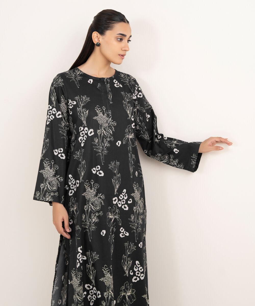 Women's RTW Viscose Lawn Black Printed Straight Shirt