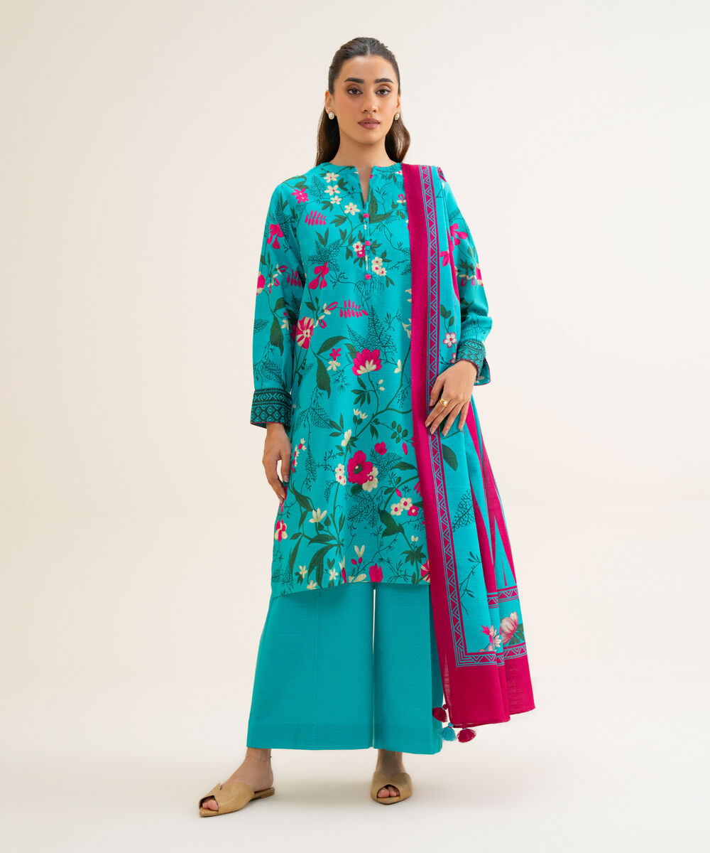 Women's Unstitched Lawn Printed Turquoise 3 Piece Suit