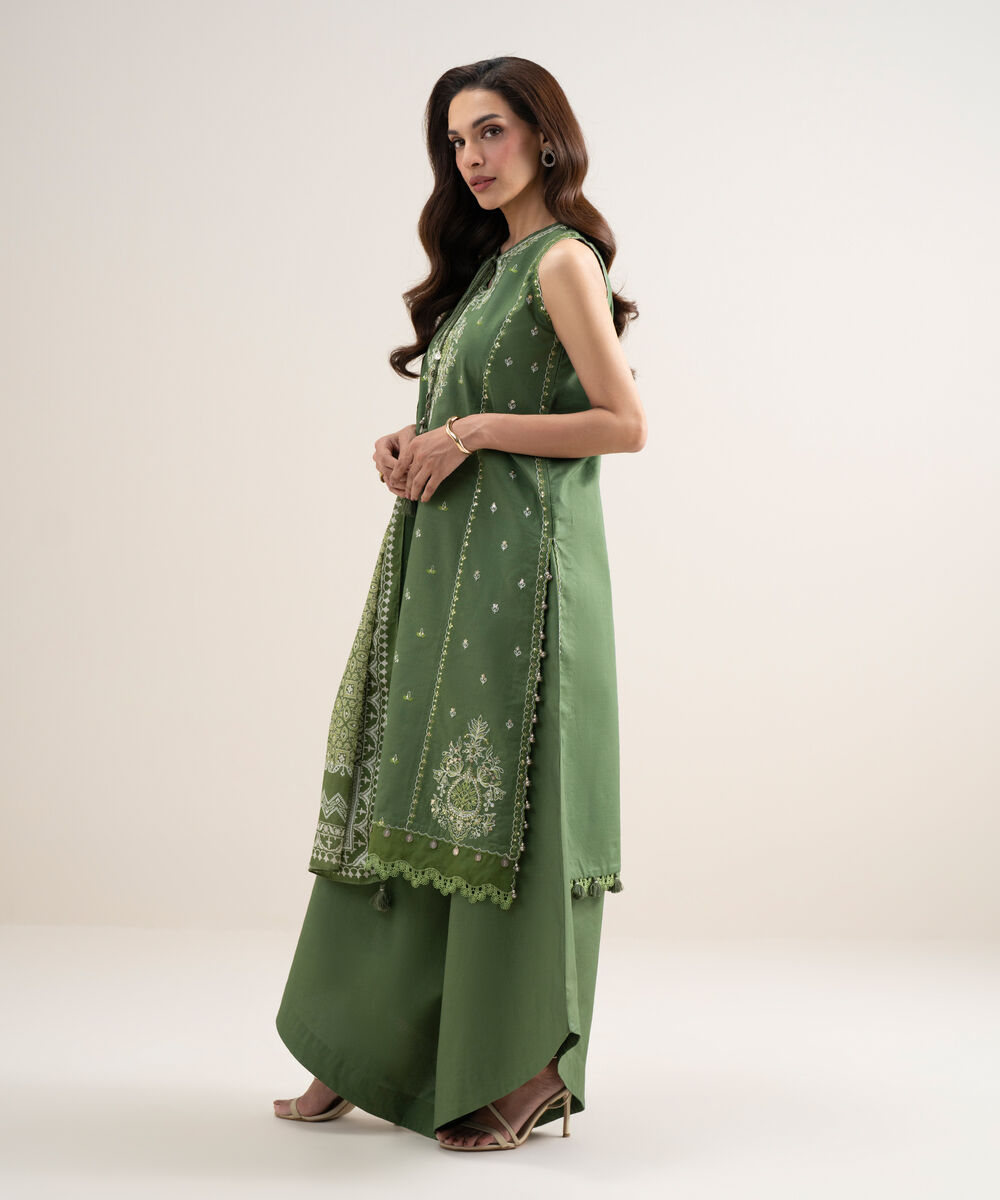 Women's Unstitched Lawn Embroidered Green 3 Piece Suit