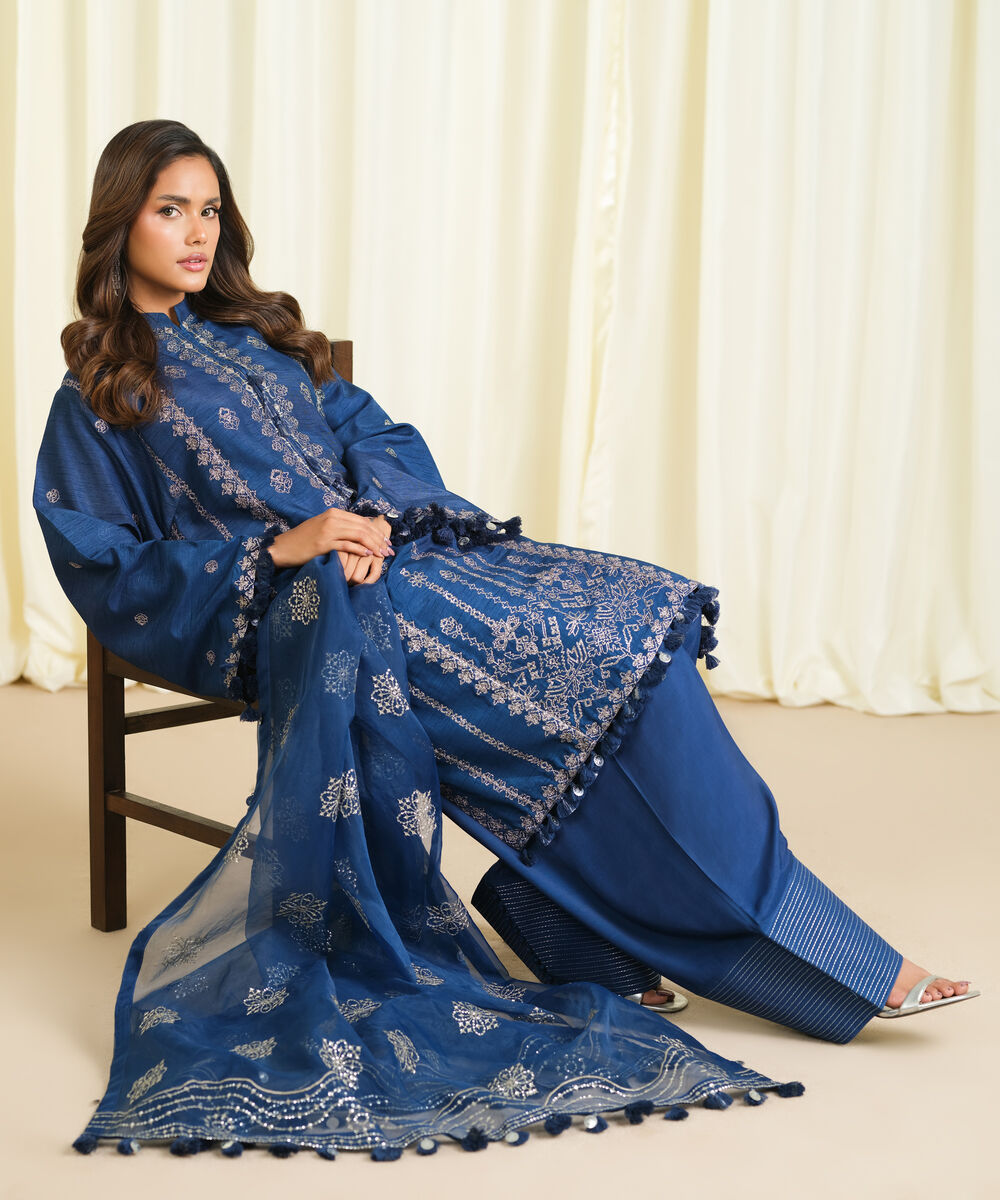 Women's Unstitched Raw Silk Embroidered Blue 3 Piece Suit