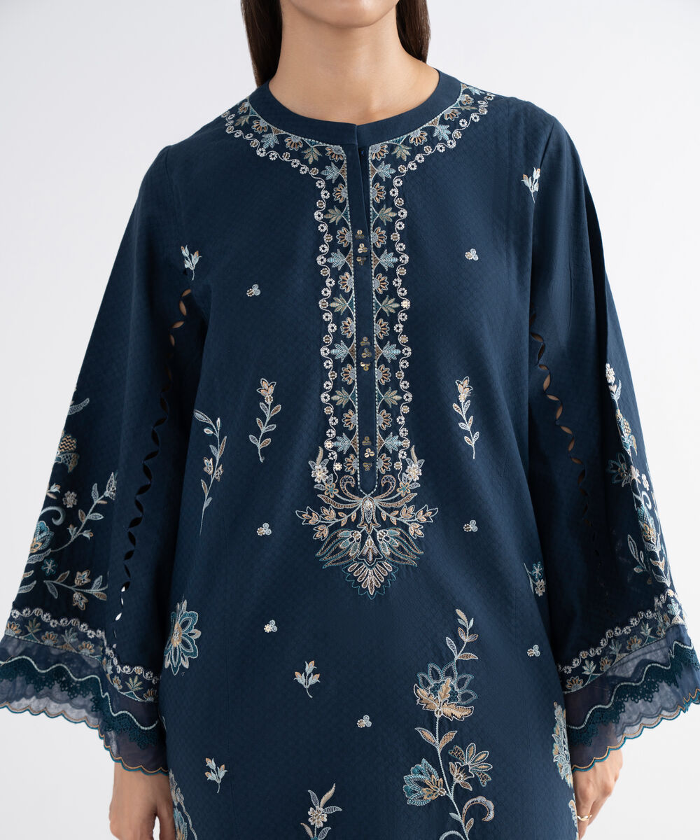 Women's Unstitched Dobby Embroidered Blue 3 Piece Suit