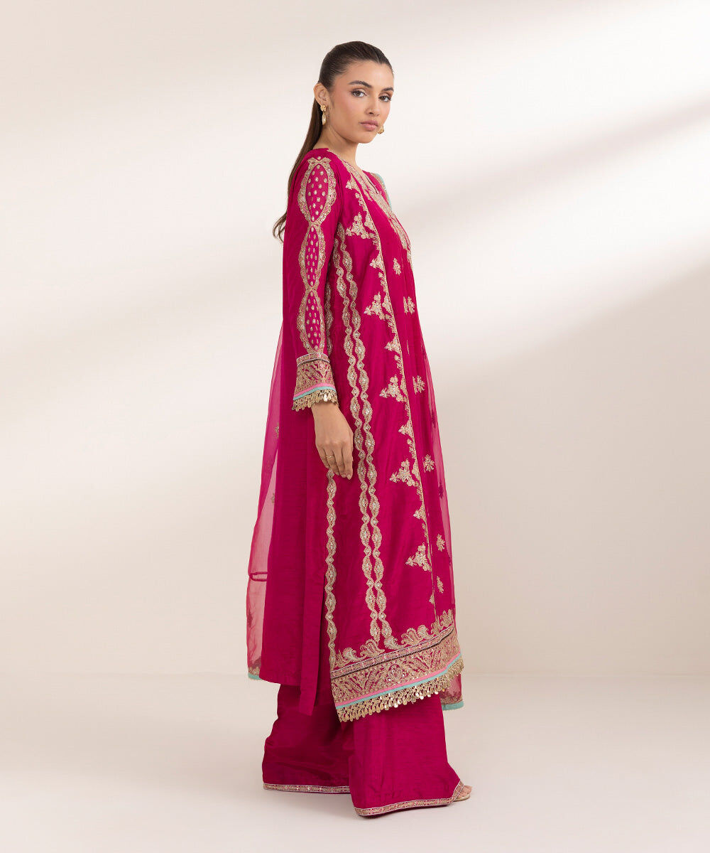 Women's Pret Blended Organza Red Embroidered 3 Piece Suit