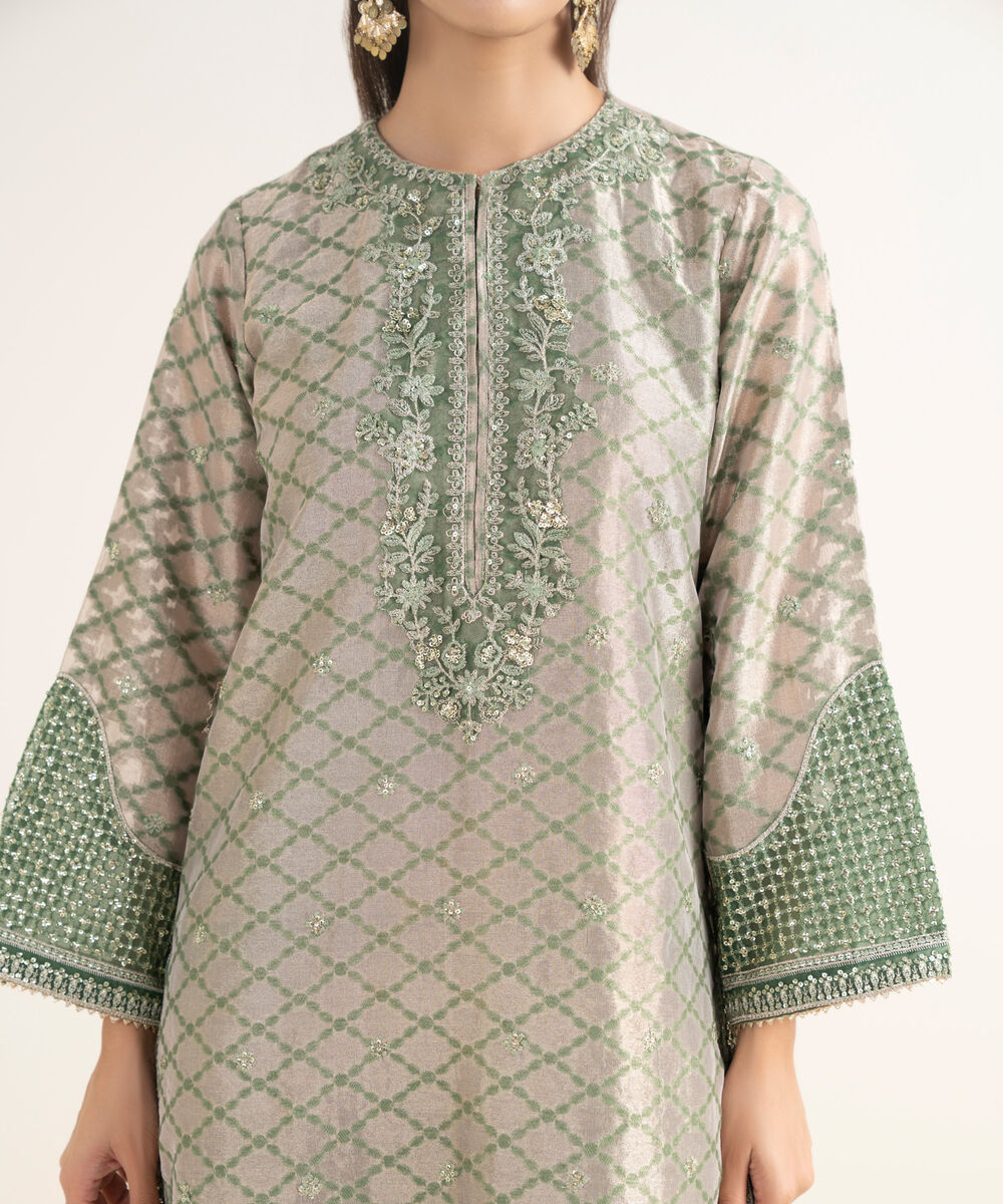 Women's RTW Zari Jamawar Embroidered Golden 3 Piece Suit