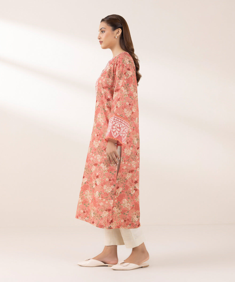 Woman - Pink Embroidered Zari Khaddar Shirt