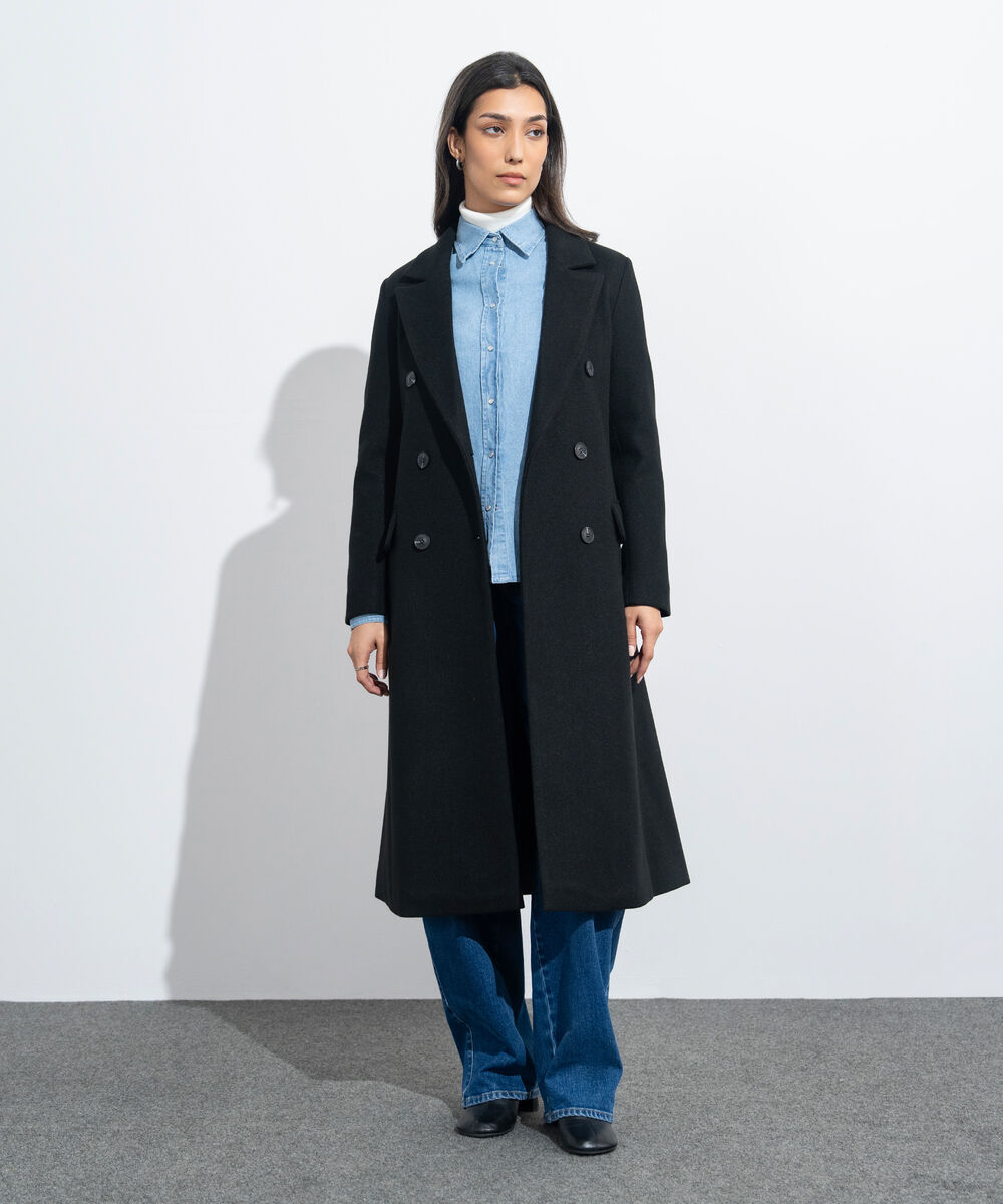 Women's Western Wear Green Melange Double Breasted Tweed Coat