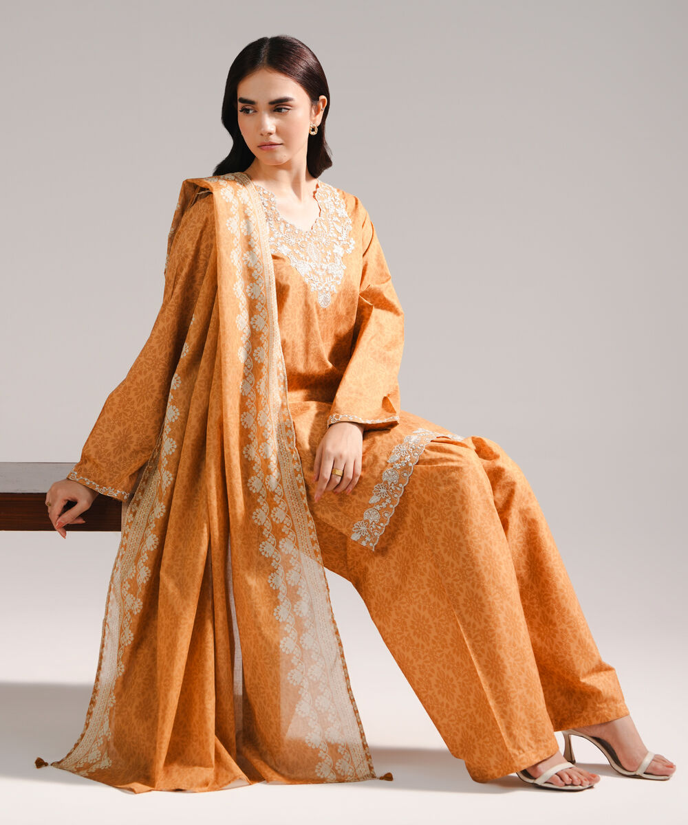 Women's RTW Lawn Embroidered Orange 3 Piece Suit