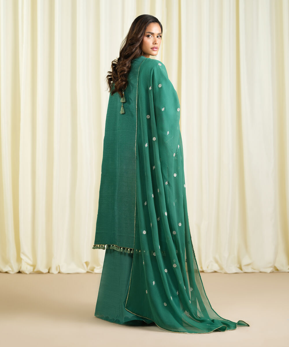 Women's Unstitched Raw Silk Embroidered Green 3 Piece Suit
