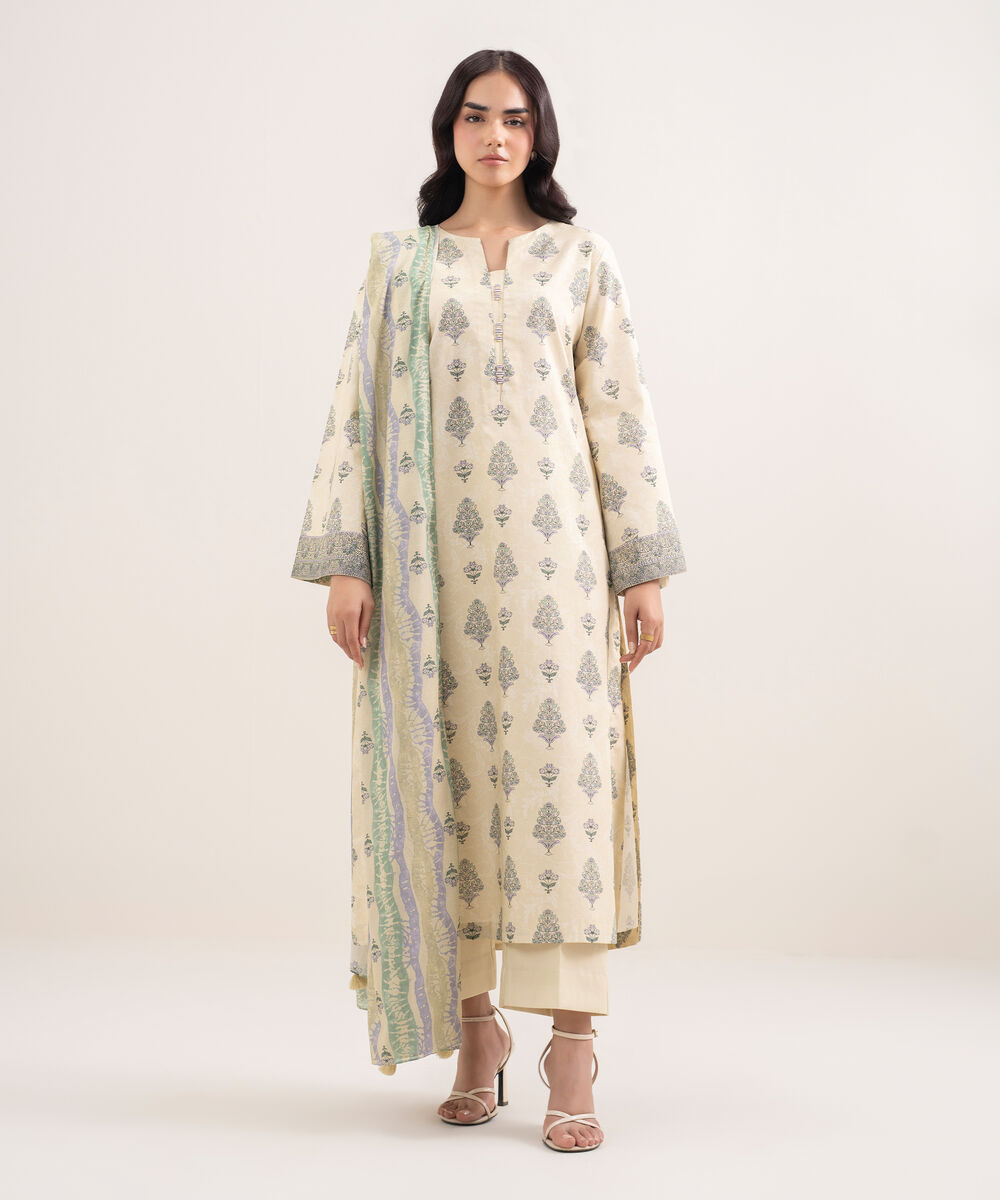 Women's Unstitched Lawn Printed Beige 3 Piece Suit