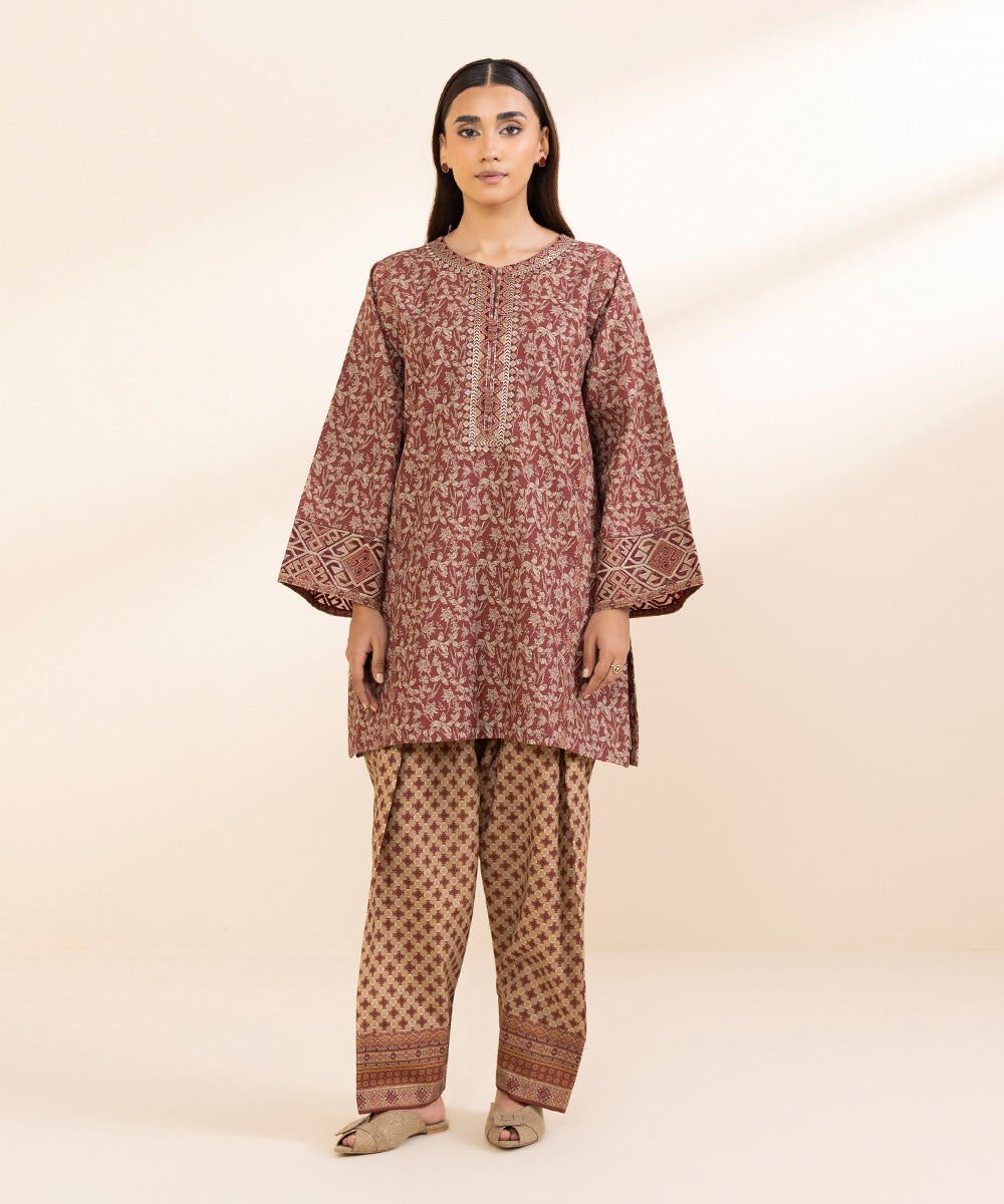 2 Piece - Embroidered Khaddar Suit Women's Pret Khaddar Red Embroidered 2 Piece Suit