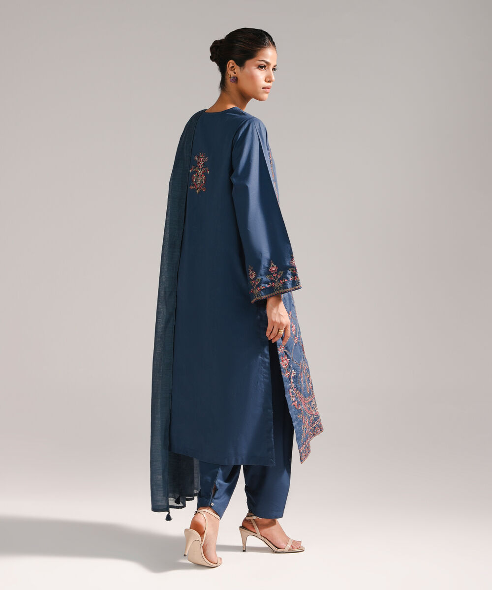 Women's RTW Lawn Embroidered Dark Blue 3 Piece Suit