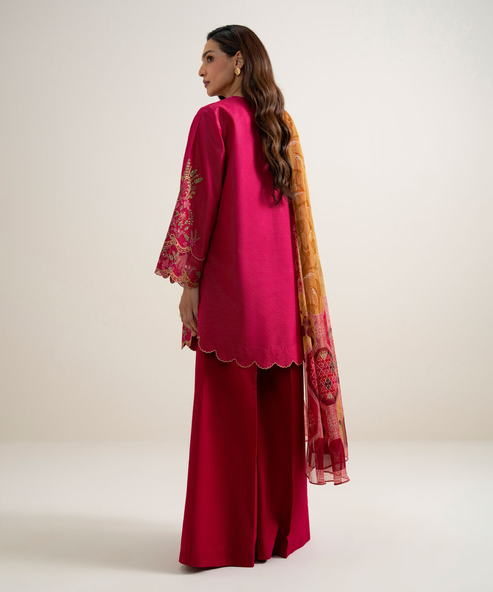 Women's Unstitched Zari Lawn Embroidered Red 3 Piece Suit