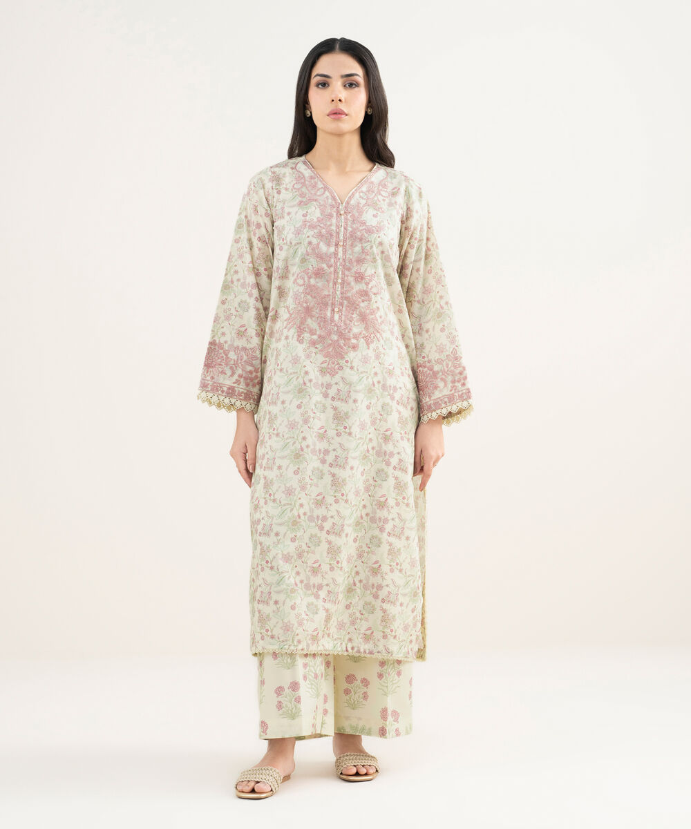 Women's RTW Slub Lawn Embroidered Off White A-Line Shirt