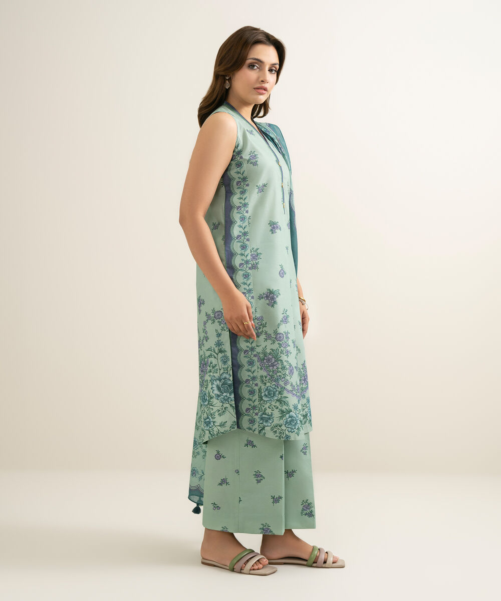Women's Unstitched Zari Lawn Printed Green 3 Piece Suit