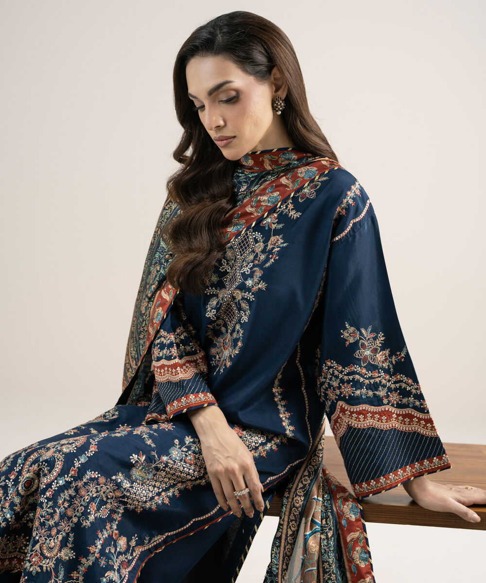 Women's Unstitched Embroidered Blended Raw Silk Blue 3 Piece Suit
