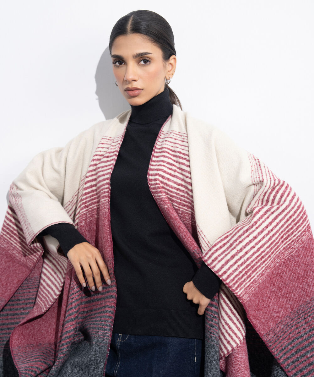 Women's Western Wear Maroon & Off White Striped Cape Shawl