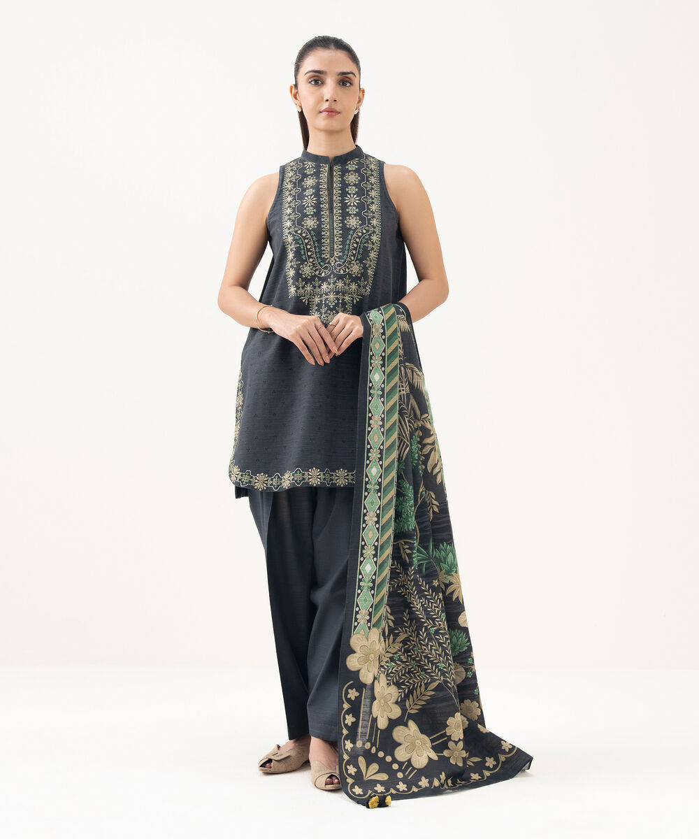 Women's Unstitched Light Khaddar Embroidered Grey 3 Piece Suit