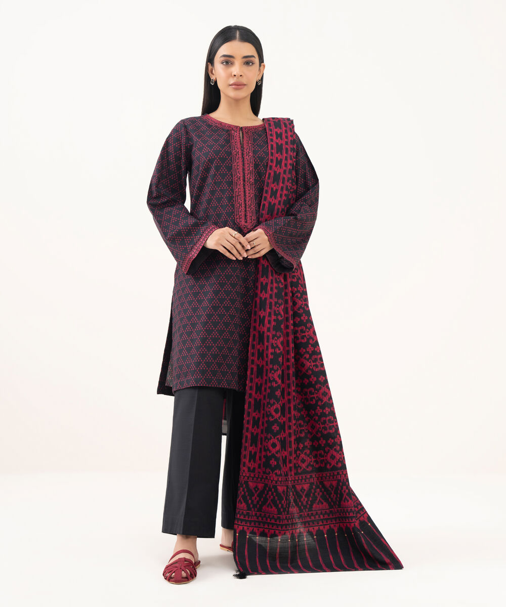 Women's RTW Light Khaddar Embroidered Black Straight Shirt