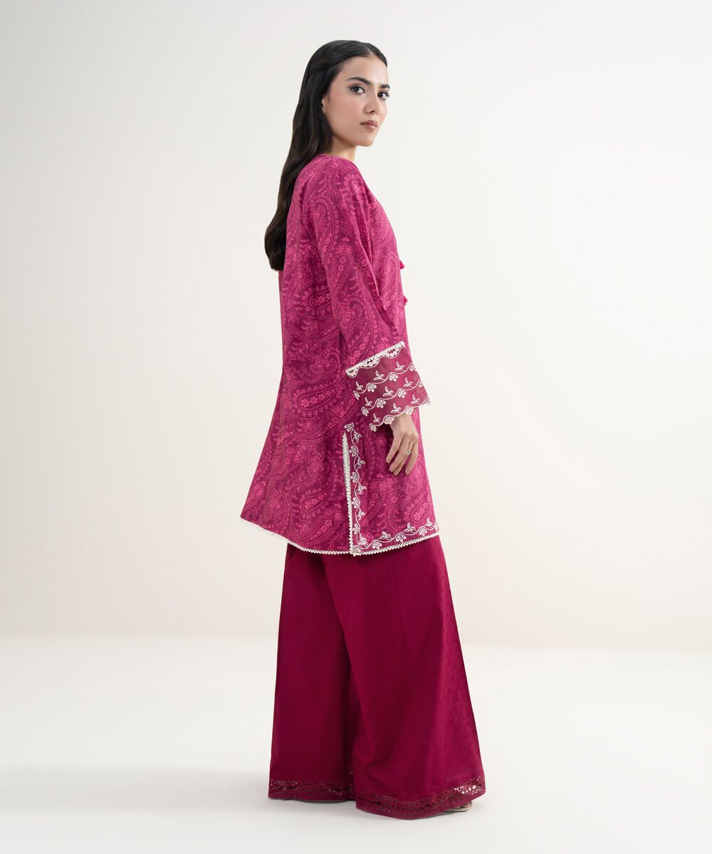 Women's RTW Viscose Raw Silk Embroidered Dark Pink Straight Shirt