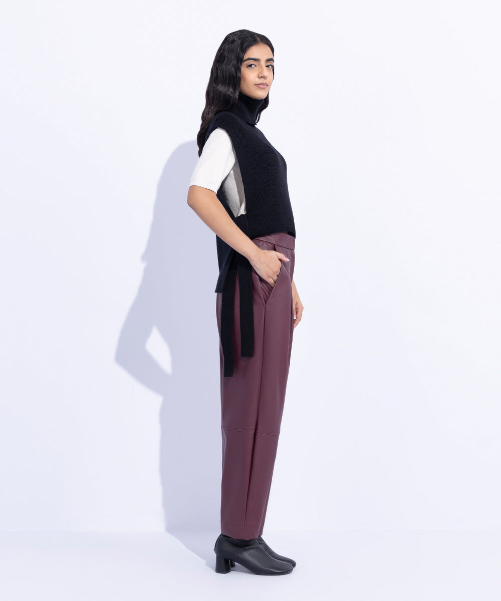 Woman - Red High Waisted Faux Leather Trousers