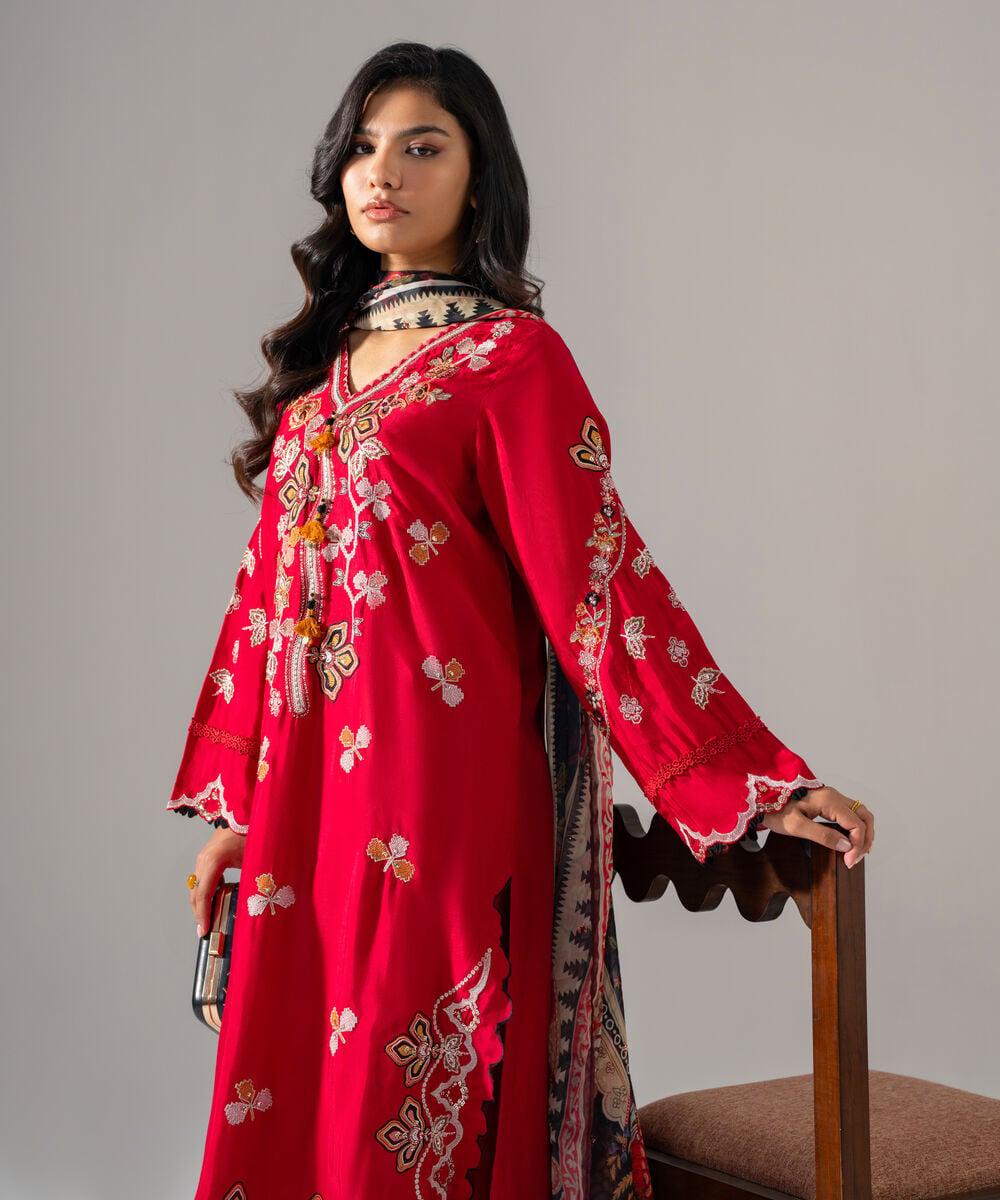 Women's RTW Bright Raw Silk Embroidered Red 3 Piece Suit
