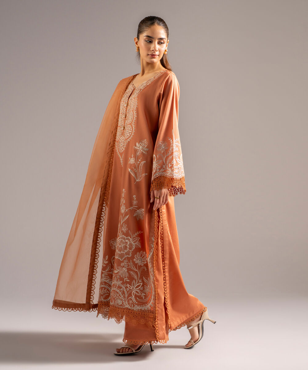 Women's RTW Cotton Satin Embroidered Muted Orange 3 Piece Suit