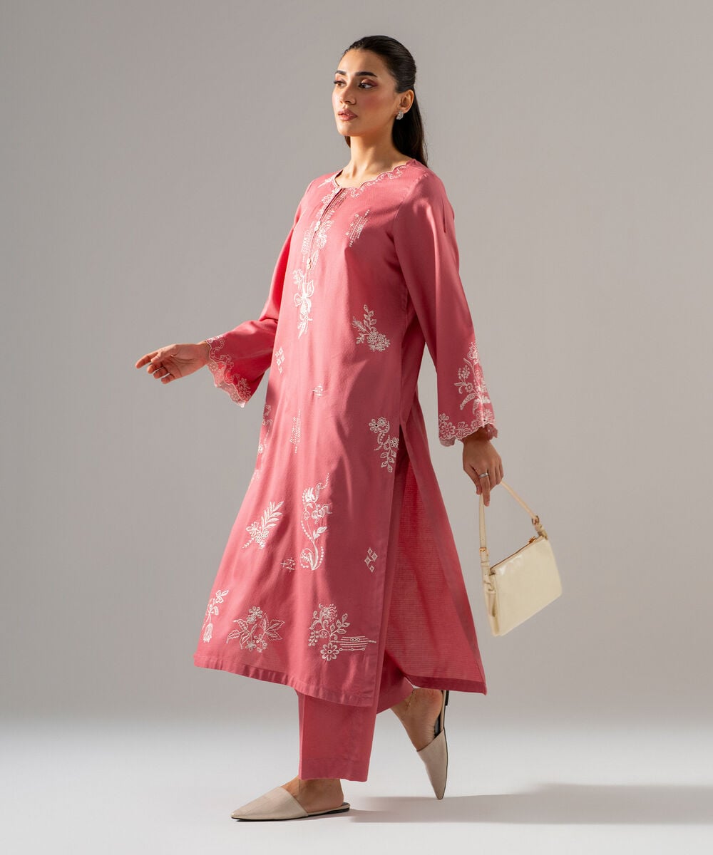 Women's RTW Dobby Solid Embroidered Mauve 2 Piece Suit