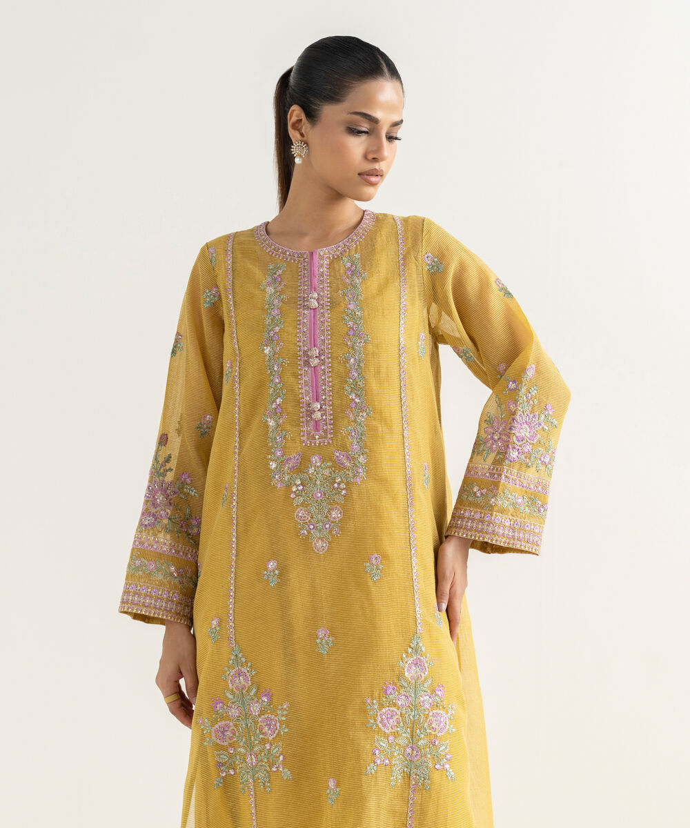 Women's RTW Blended Textured Karandi Embroidered A-Line Yellow Shirt