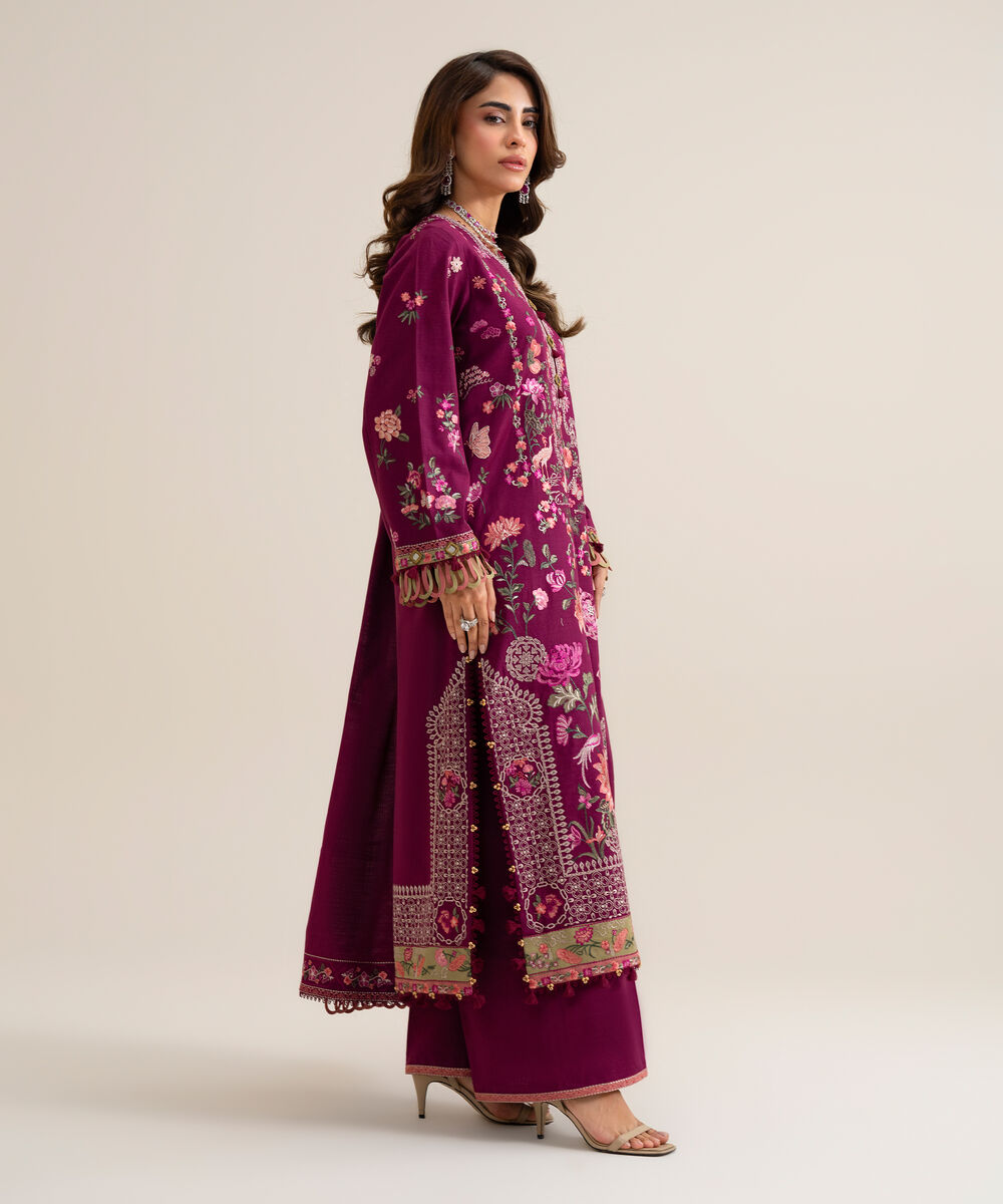 Women's Unstitched Basic Khaddar Embroidered Magenta 3 Piece Suit