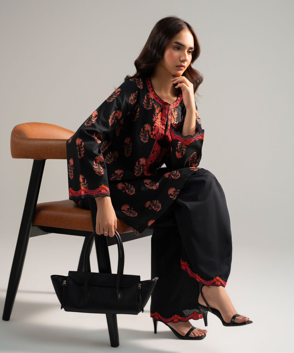 Women's RTW Lawn Embroidered Black Boxy Shirt