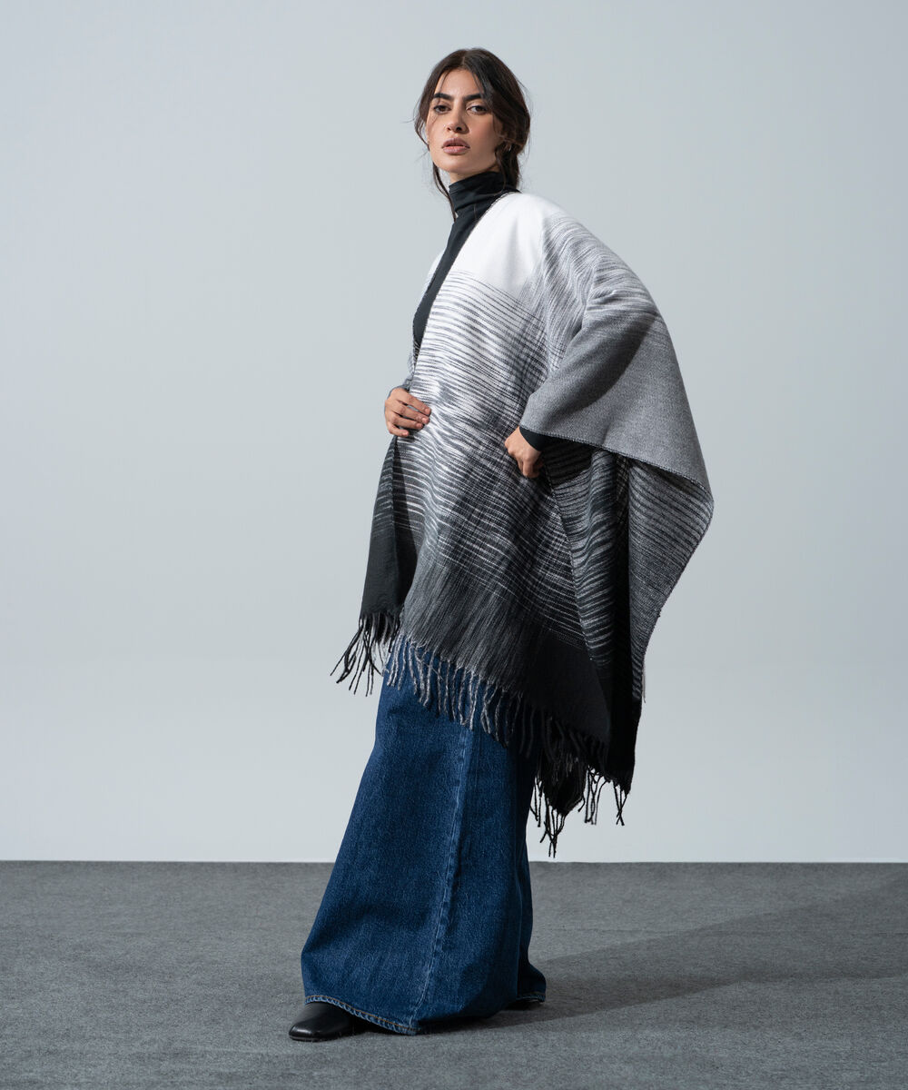 Women's Western Wear White And Grey Polyester Cape Shawl