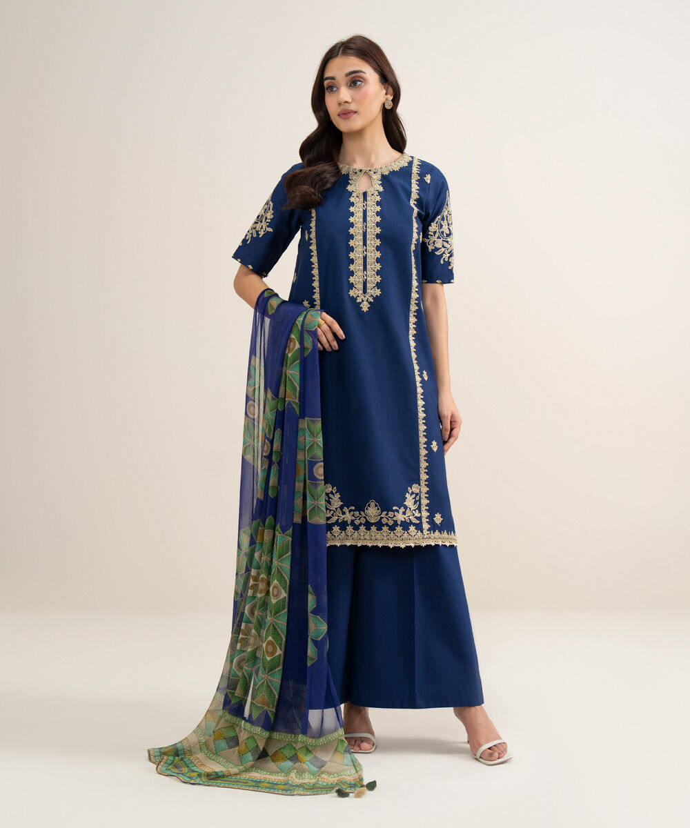 Women's Unstitched Lawn Embroidered Blue 3 Piece Suit