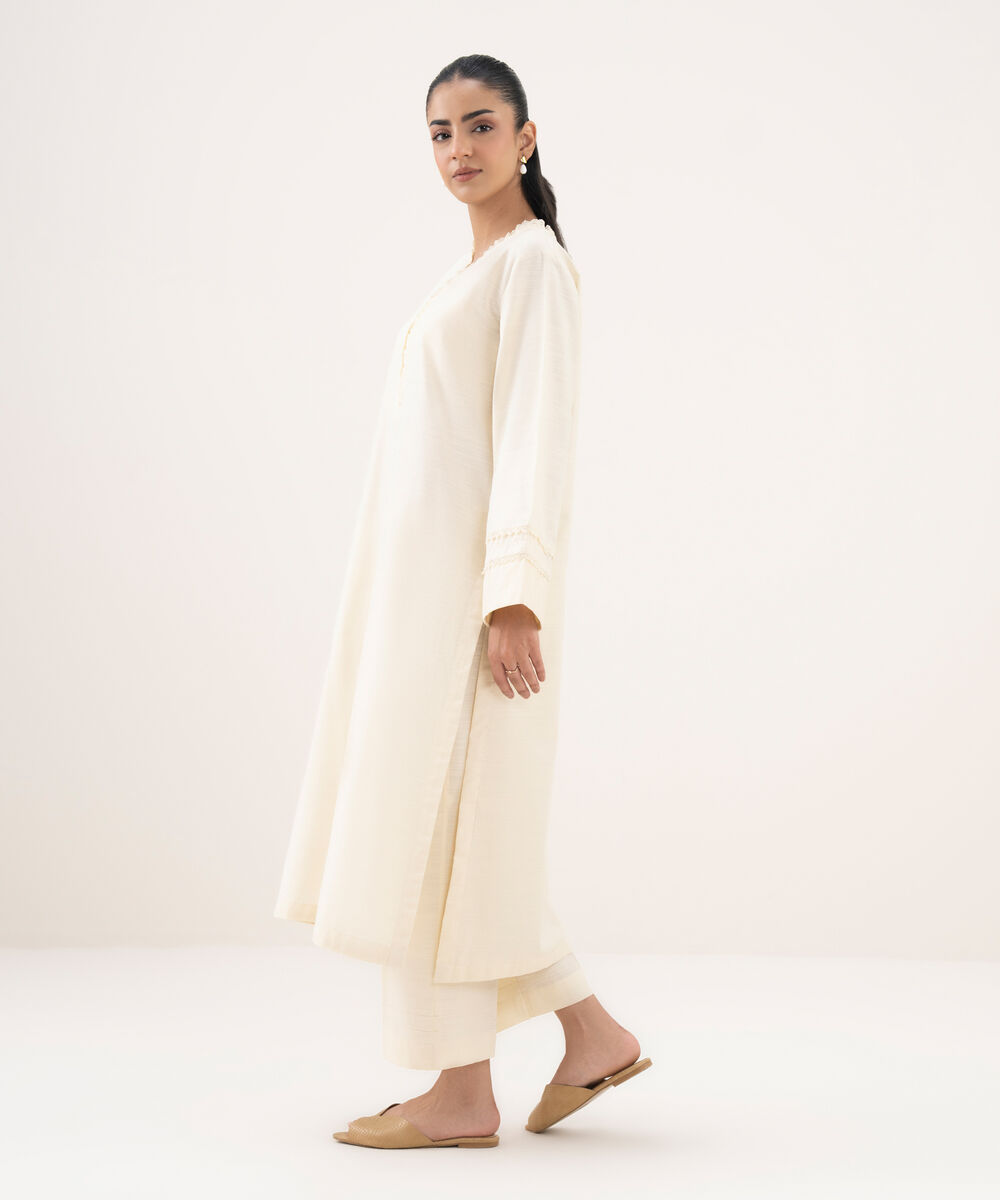 Women's RTW Light Khaddar Embroidered A-Line Off White Shirt