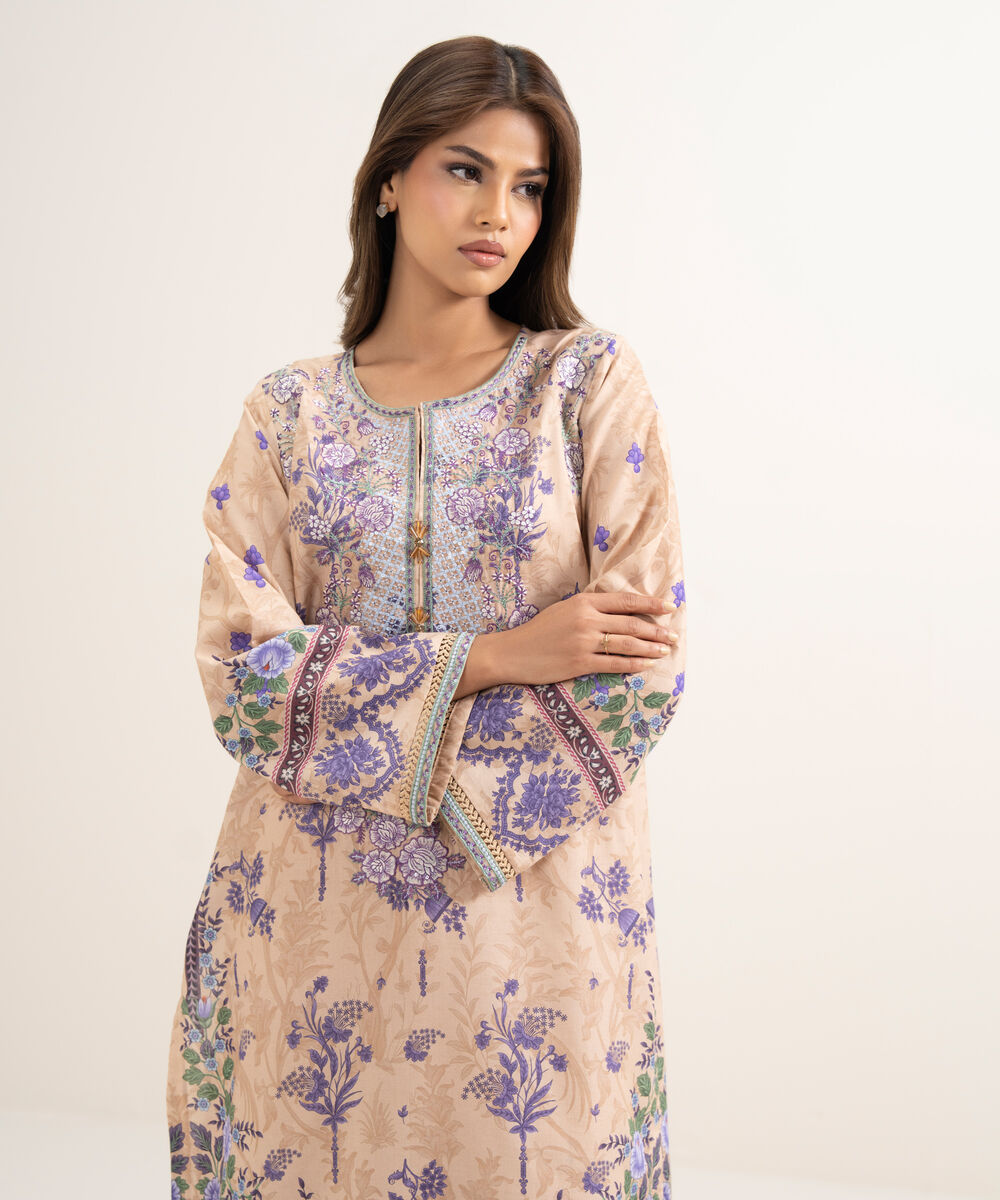 Women's RTW Zari Cotton Embroidered Peach A-Line Shirt