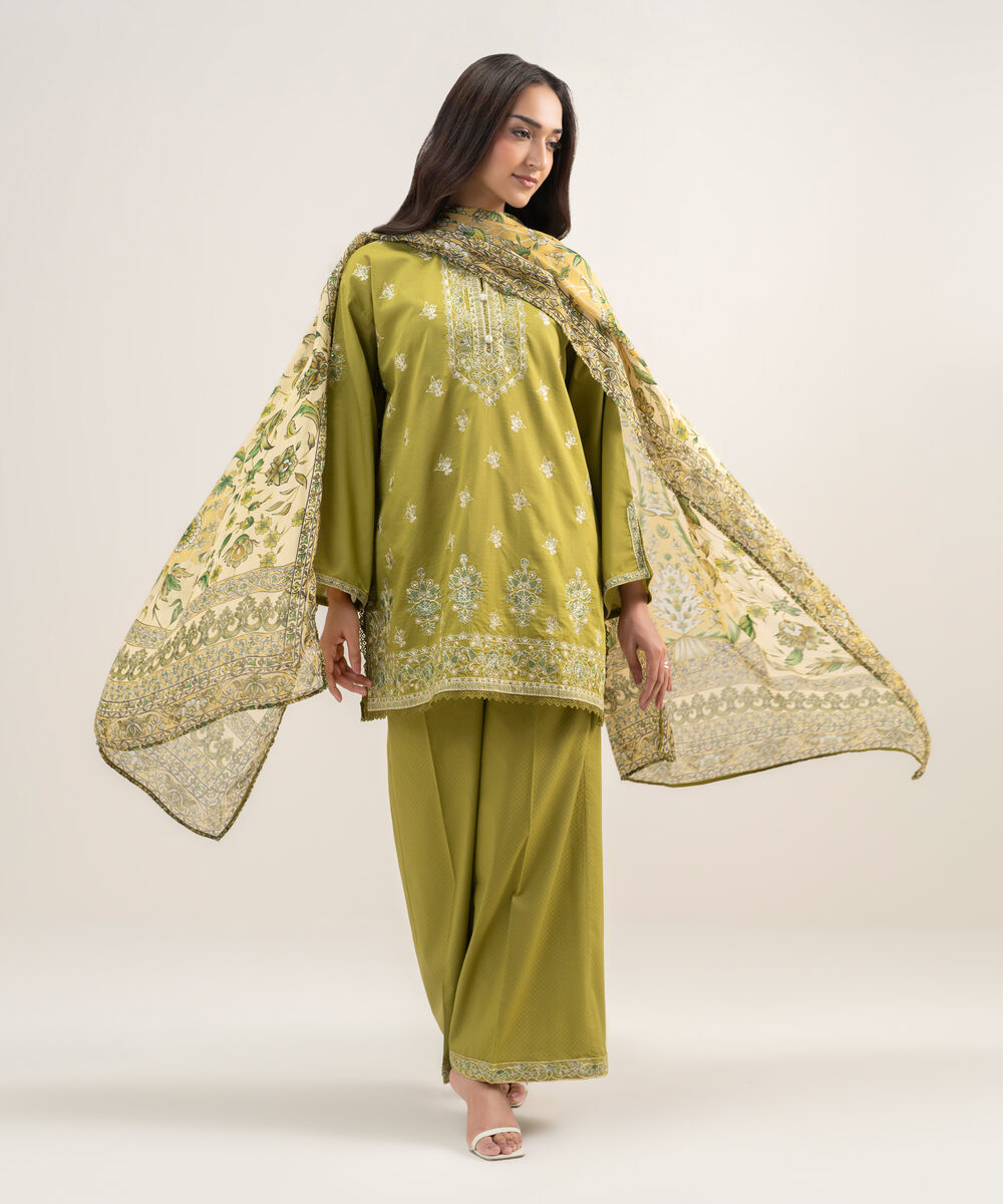 Women's RTW Dobby Embroidered Green 3 Piece Suit