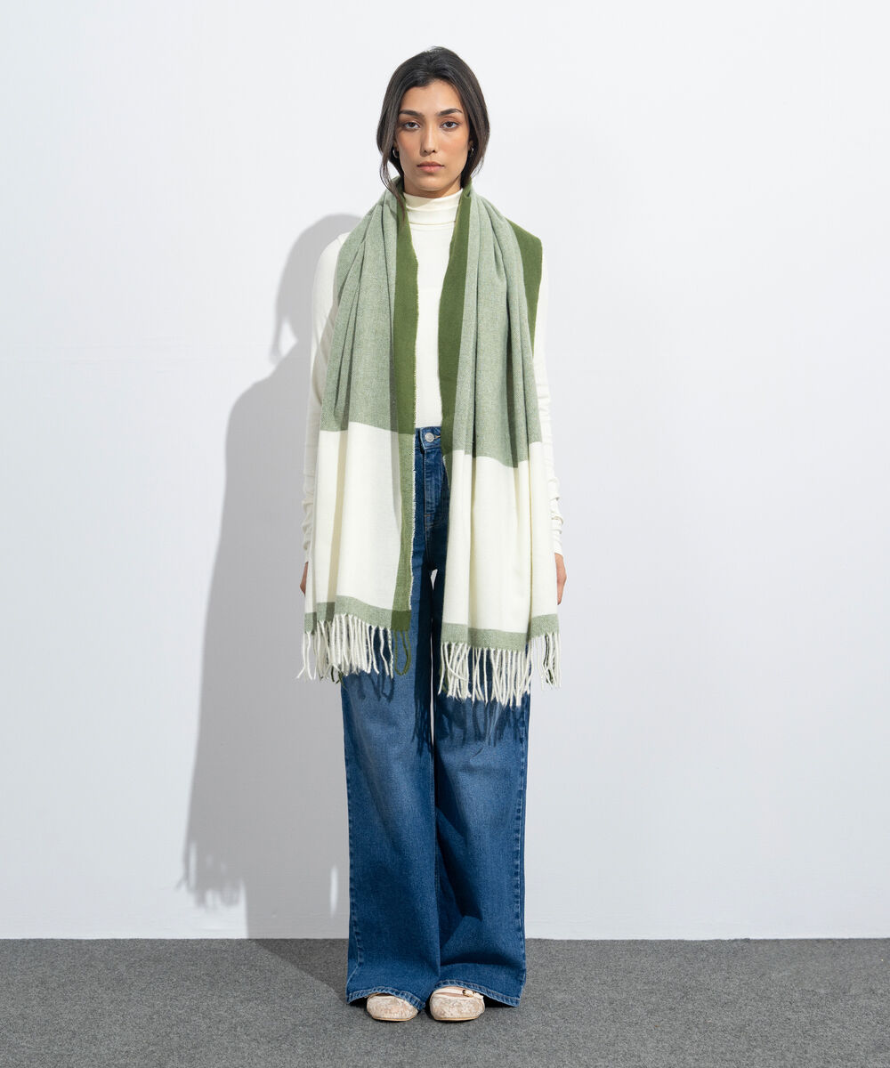 Women's Western Wear Off White & Green Woollen Scarf
