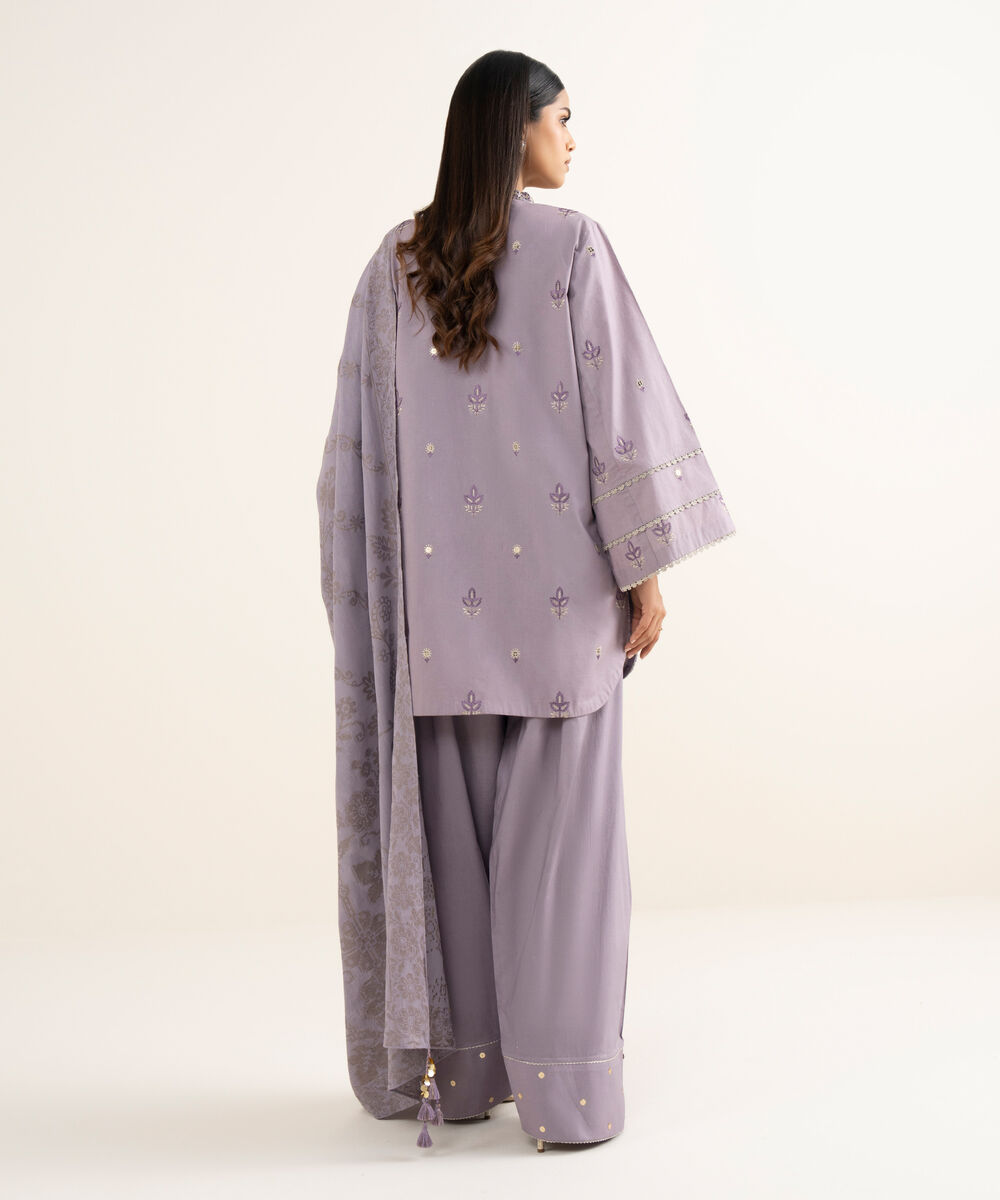 Women's Unstitched Embroidered Cotton Lilac 3 Piece Suit