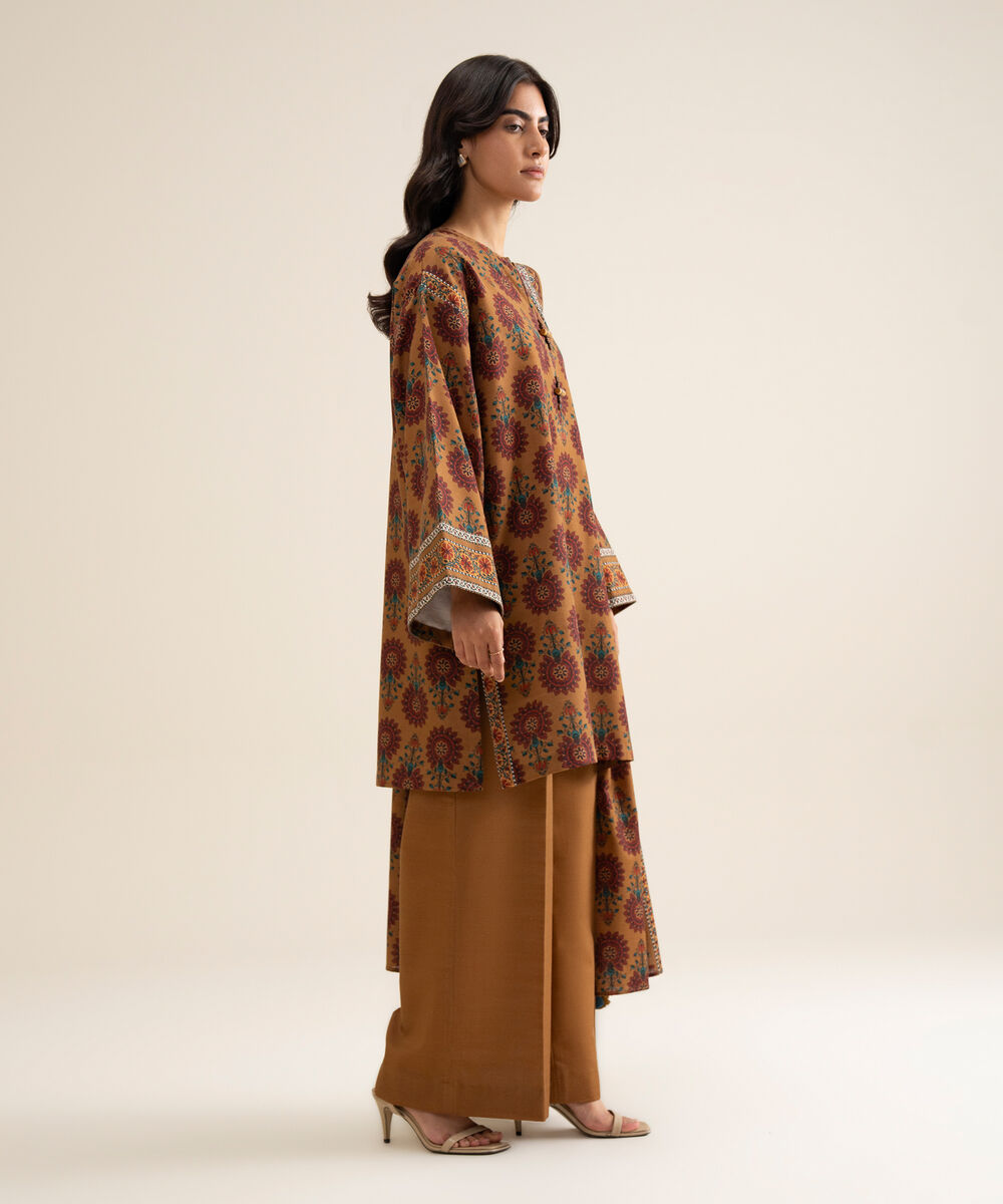 Women's Unstitched Light Khaddar Printed Burnt Orange 3 Piece Suit