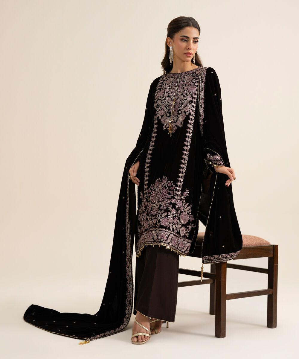 Women's Unstitched Velvet Embroidered Plum 3 Piece Suit