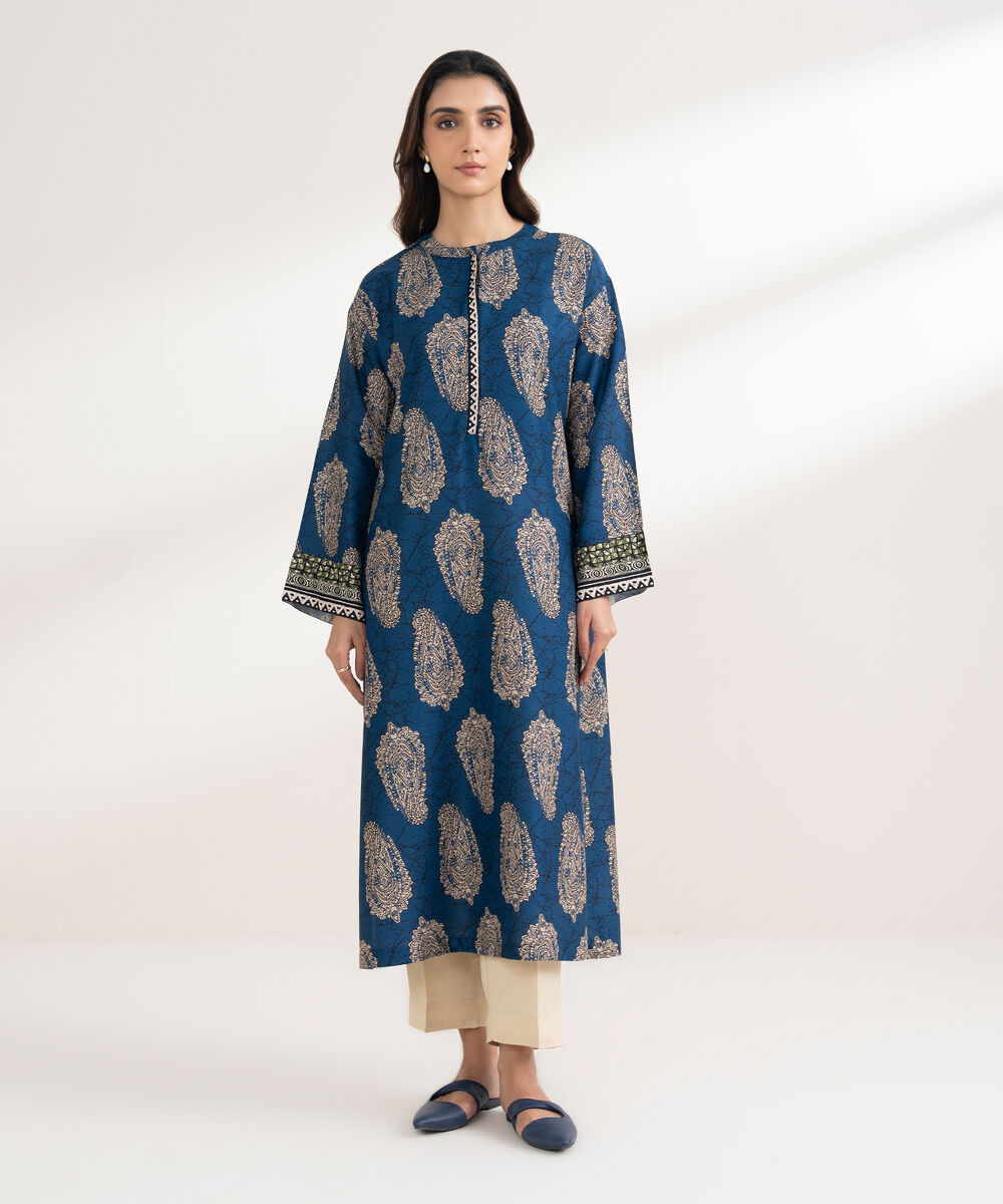 Women's RTW Viscose Linen Printed Straight Blue Shirt