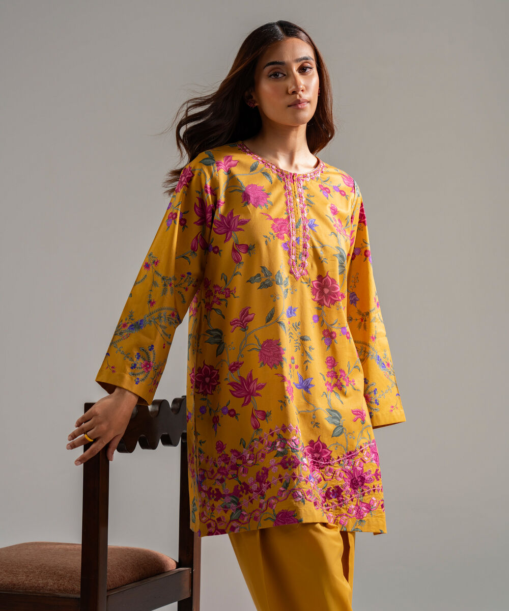 Women's RTW Cambric Embroidered Mustard Yellow 2 Piece Suit