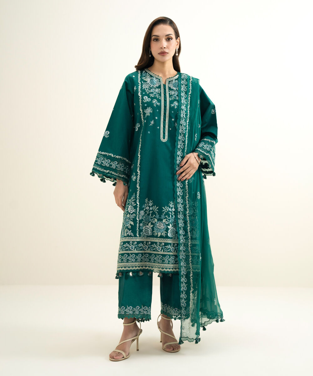 Women's Unstitched Cotton Net Embroidered Green 3 Piece Suit