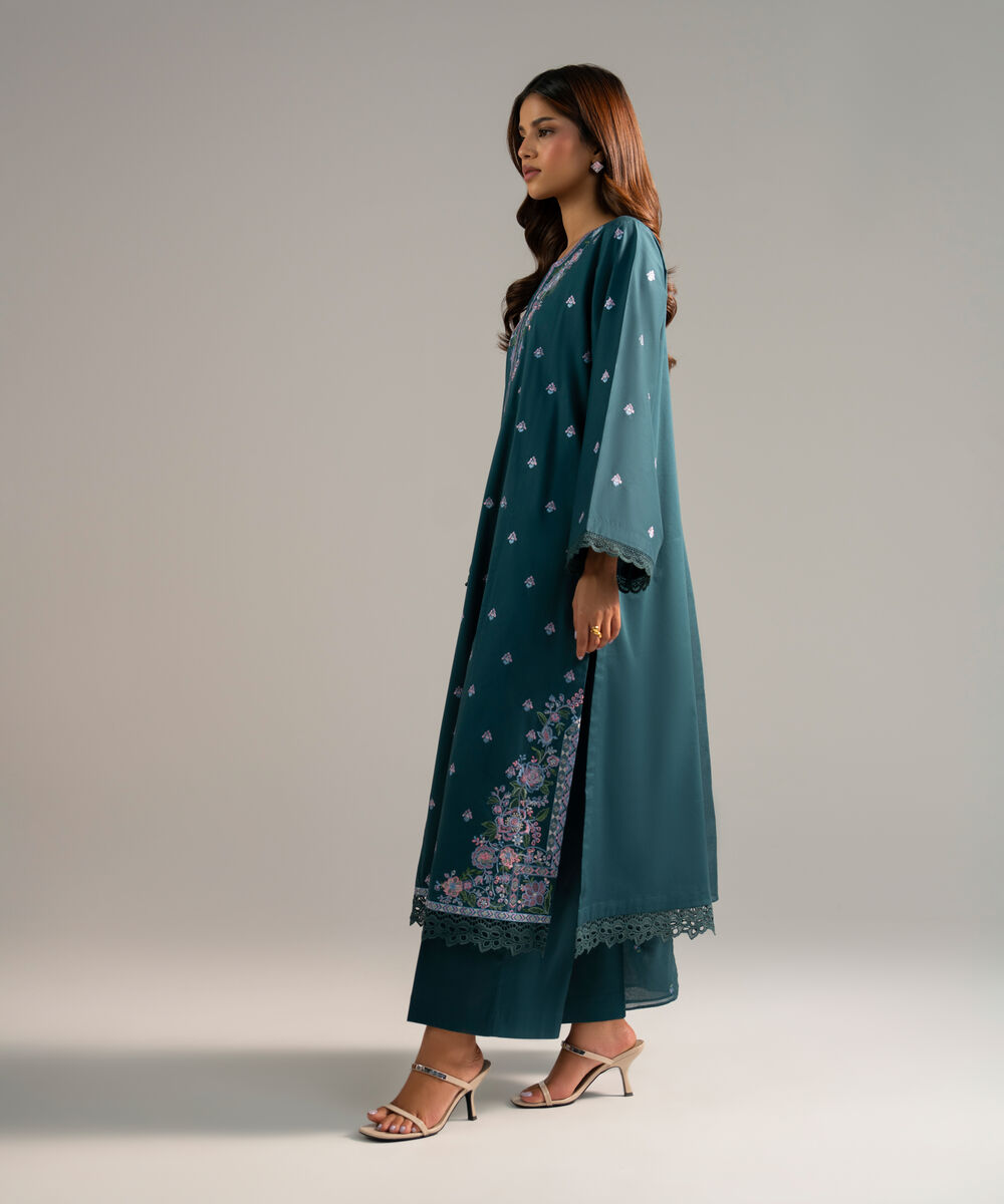 Women's RTW Lawn Embroidered Teal 3 Piece Suit