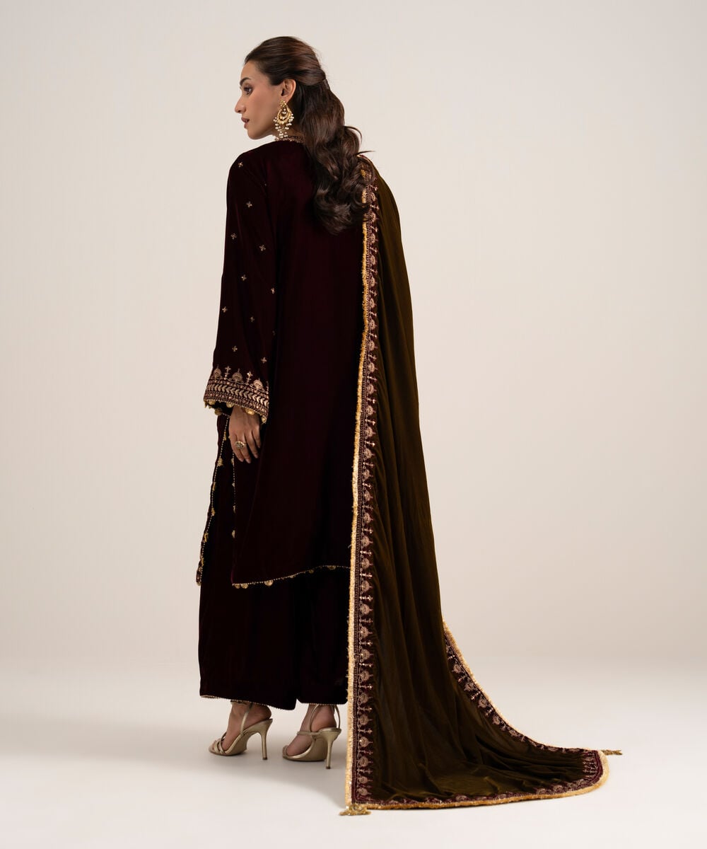Women's Unstitched Embroidered Velvet Maroon 3 Piece Suit