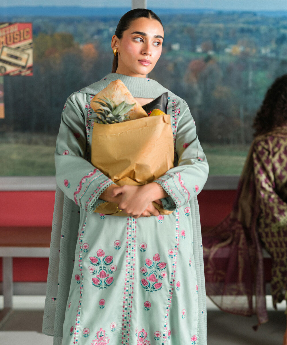 Women's RTW Cotton Satin Green Embroidered A-Line Shirt