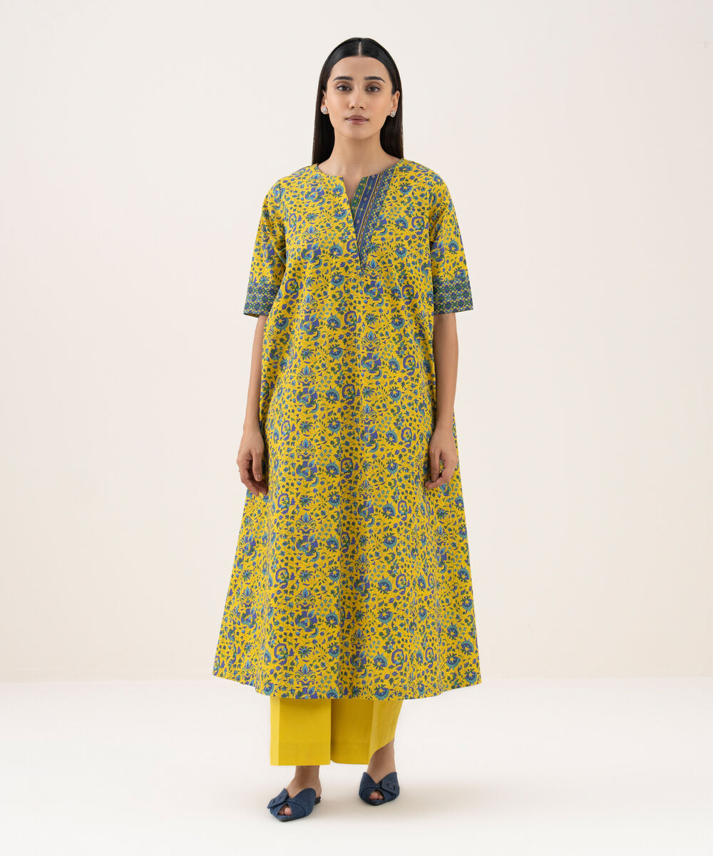 Women's Unstitched Cotton Printed Yellow 2 Piece Suit